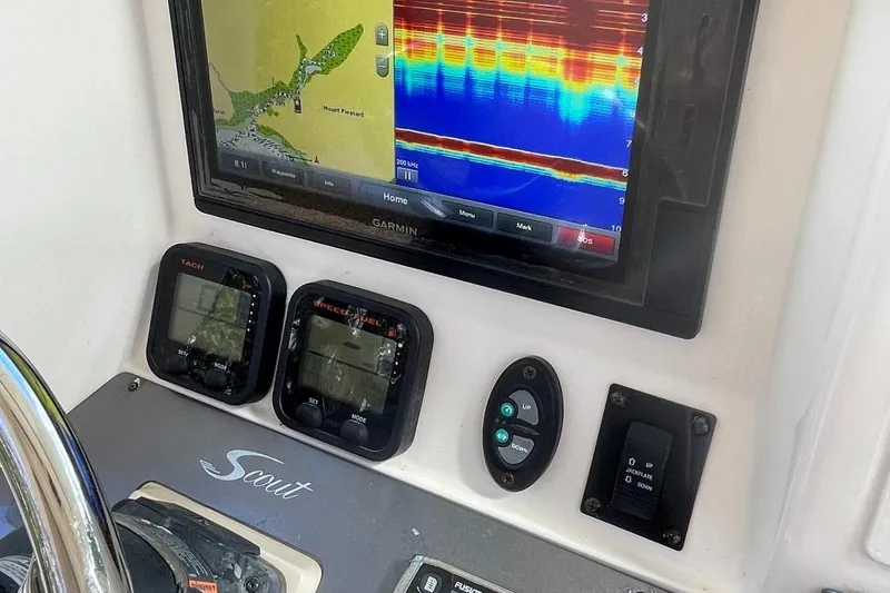 Slide: The Image of 2015 Scout 251 XS boat dashboard with Garmin navigation and control panels. - 18