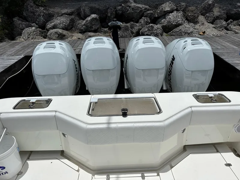 Slide: The Image of 2018 SeaVee 390Z boat with four powerful Mercury outboard engines. - 21