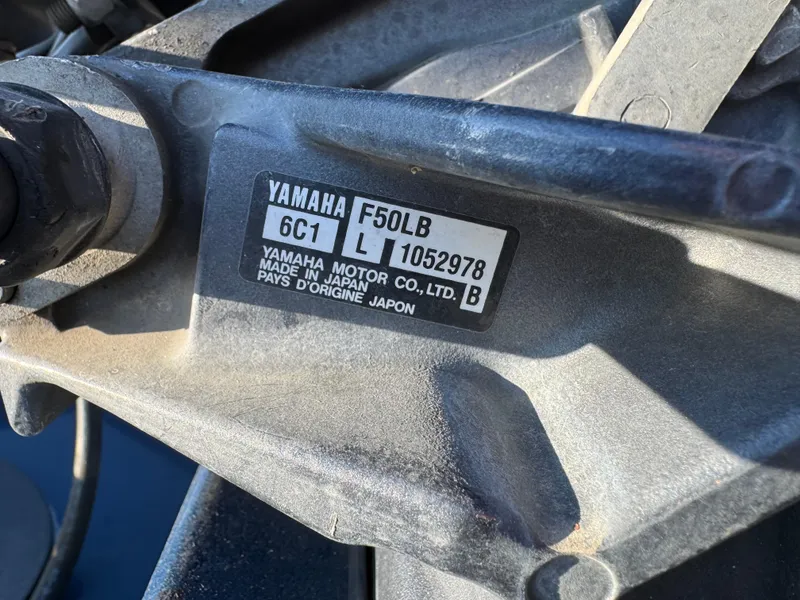 Slide: The Image of Yamaha F50LB engine label on 2014 Polar Kraft Bass TX 175 Pro boat. - 22