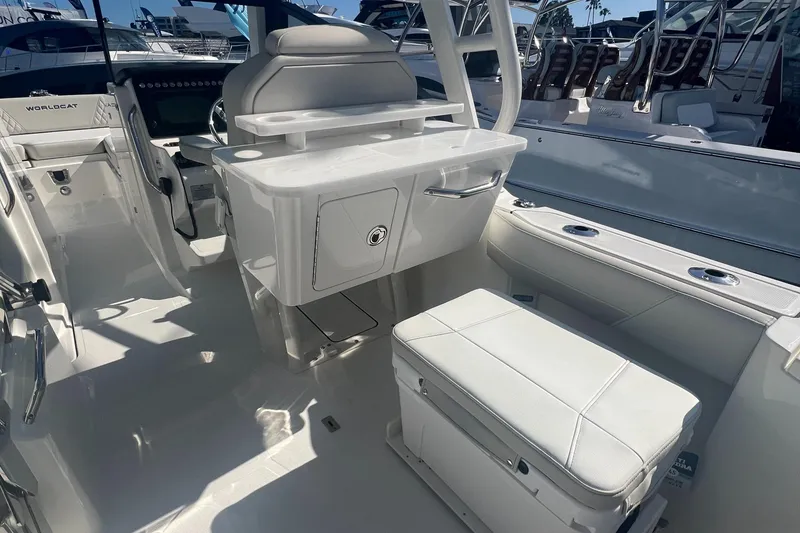 Slide: The Image of 2024 World Cat 260 DC-X interior with white seating and storage compartments. - 9