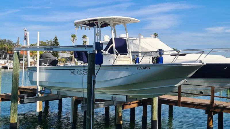 Slide: The Image of 2019 Boston Whaler 210 Montauk boat docked on a lift in a marina. - 0