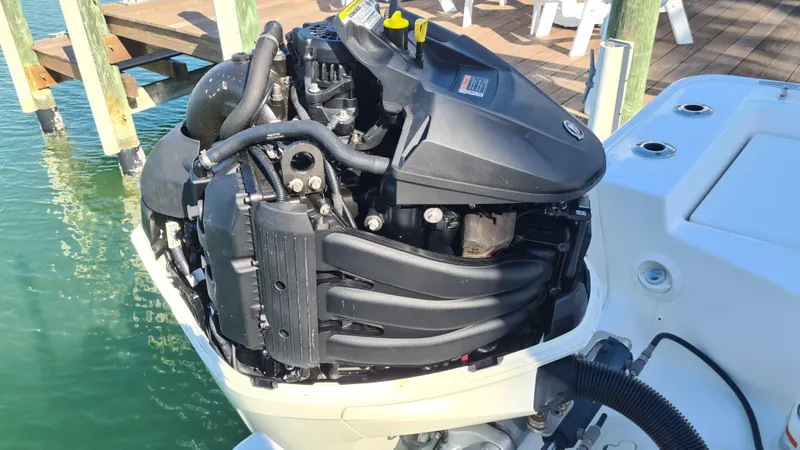 Slide: The Image of 2019 Boston Whaler 210 Montauk outboard engine, docked on clear water. - 33