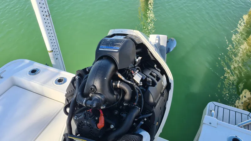 Slide: The Image of 2019 Boston Whaler 210 Montauk boat engine on calm green water. - 35