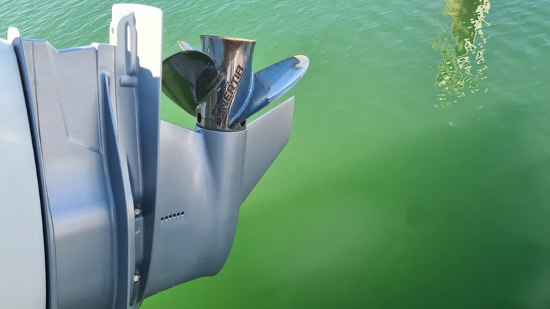 Slide: The Image of Outboard motor of a 2019 Boston Whaler 210 Montauk in green water. - 36