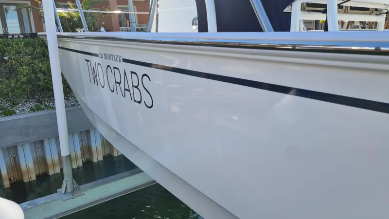 Slide: The Image of 2019 Boston Whaler 210 Montauk boat named "Two Crabs" docked at marina. - 39