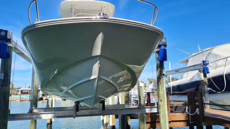 Slide: The Image of 2019 Boston Whaler 210 Montauk boat on lift, docked by the water. - 4