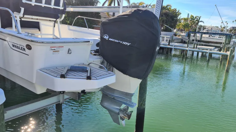 Slide: The Image of 2019 Boston Whaler 210 Montauk boat with Mercury outboard motor in marina. - 41