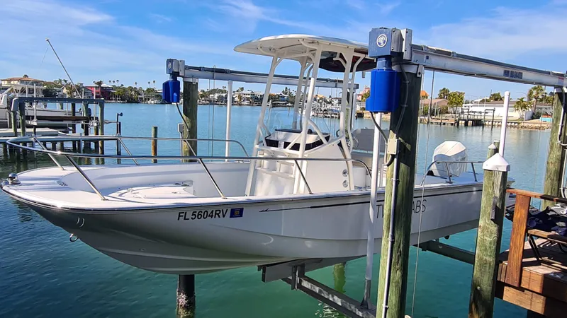 Slide: The Image of 2019 Boston Whaler 210 Montauk boat on lift, docked in a marina. - 5