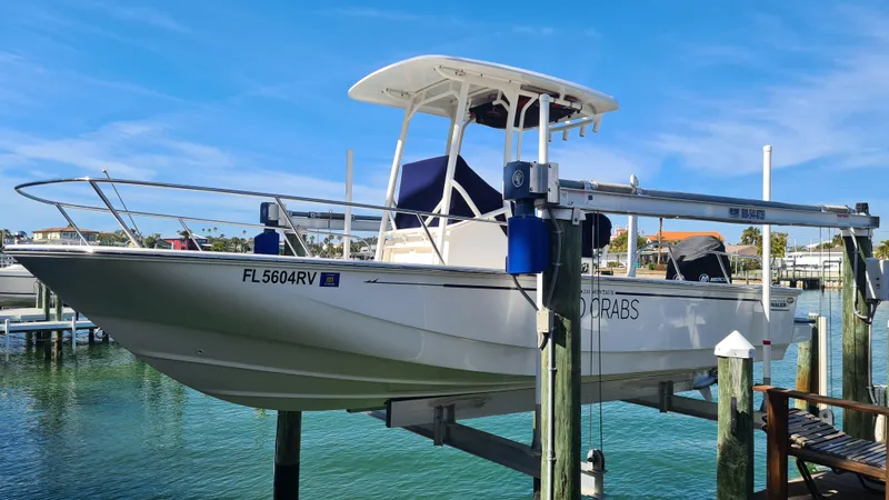 Slide: The Image of 2019 Boston Whaler 210 Montauk boat on lift, docked by clear blue water. - 6