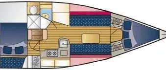 Slide: The Image of Floor plan of a 2005 Shannon Shoalsailer sailboat, featuring a compact interior layout. - 32