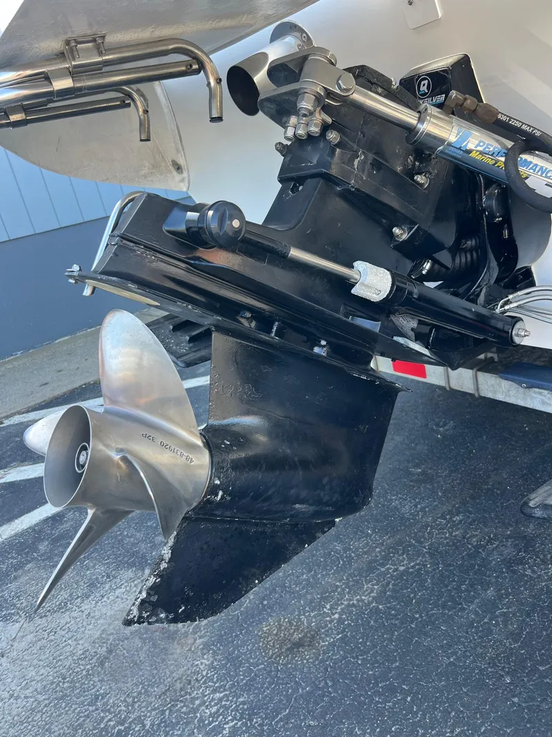 Slide: The Image of Close-up of a 1998 Velocity 260 boat propeller and outdrive system. - 7