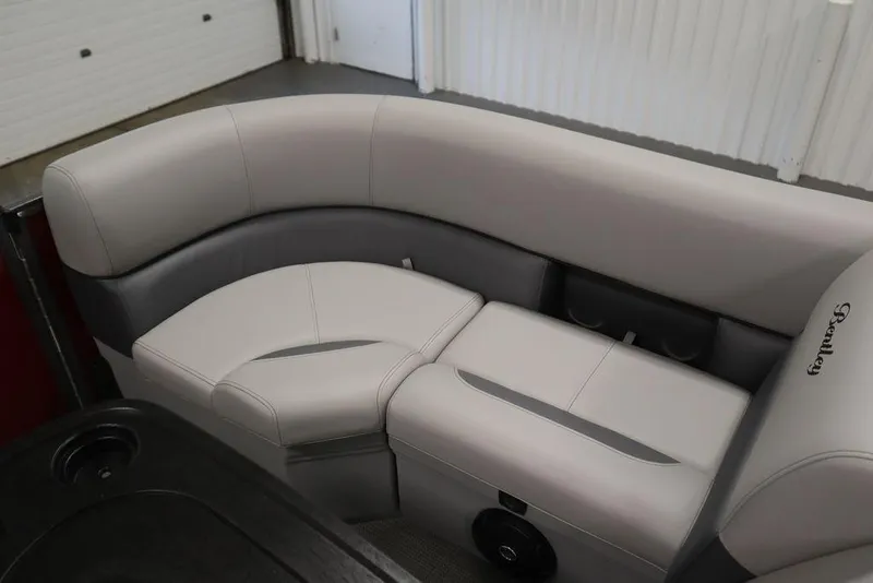Slide: The Image of 2025 Bentley Pontoons 200 CRUISE interior seating with elegant gray upholstery. - 15