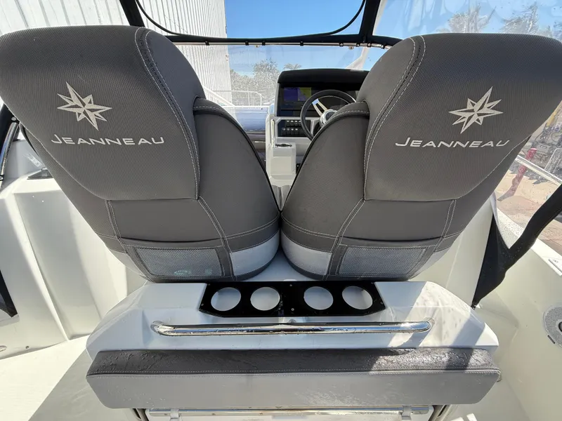 Slide: The Image of 2020 Jeanneau Leader 9.0 WA boat interior with branded seats and cup holders. - 36
