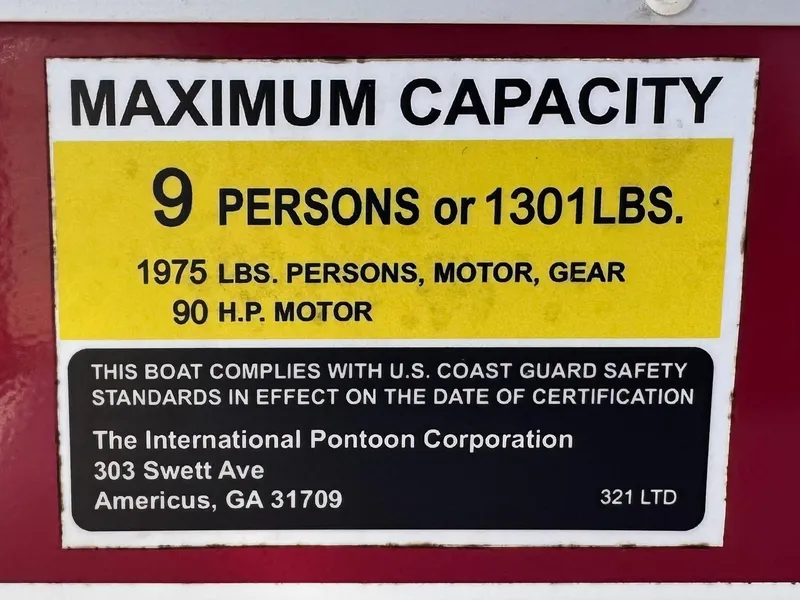 Slide: The Image of 2023 Lexington 321 CRUISE capacity label: 9 persons or 1301 lbs, 90 HP motor. - 25