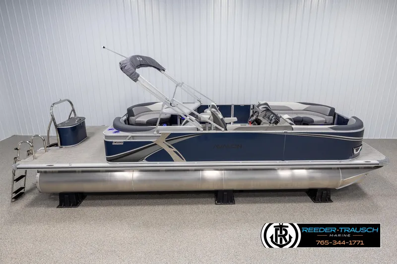 The Image of 2025 Avalon LSZ Entertainer pontoon boat in showroom, side view, blue and silver design. - 1