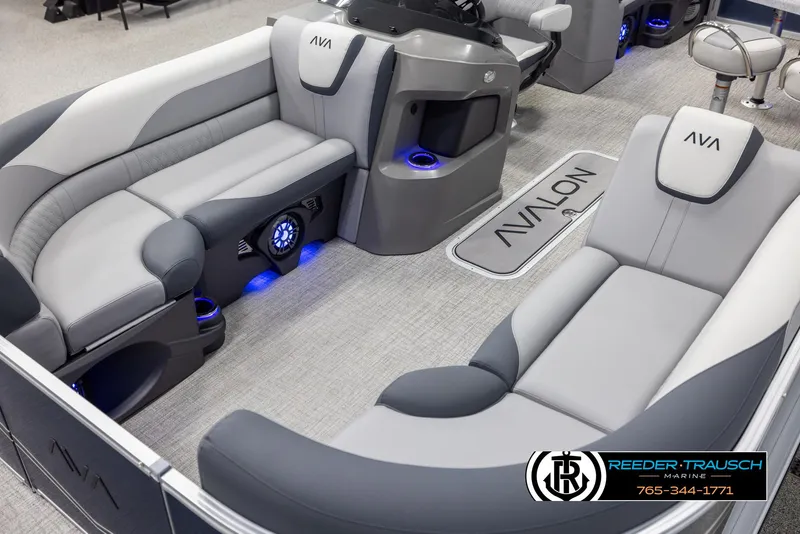 Slide: The Image of Luxurious interior of 2025 Avalon LSZ Entertainer pontoon boat with plush seating and modern design. - 10