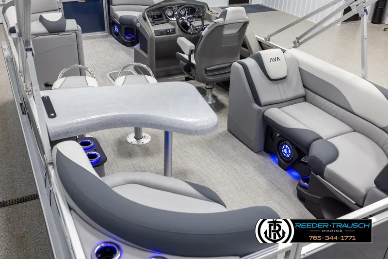 Slide: The Image of Luxurious interior of 2025 Avalon LSZ Entertainer pontoon boat with modern seating and LED lighting. - 11
