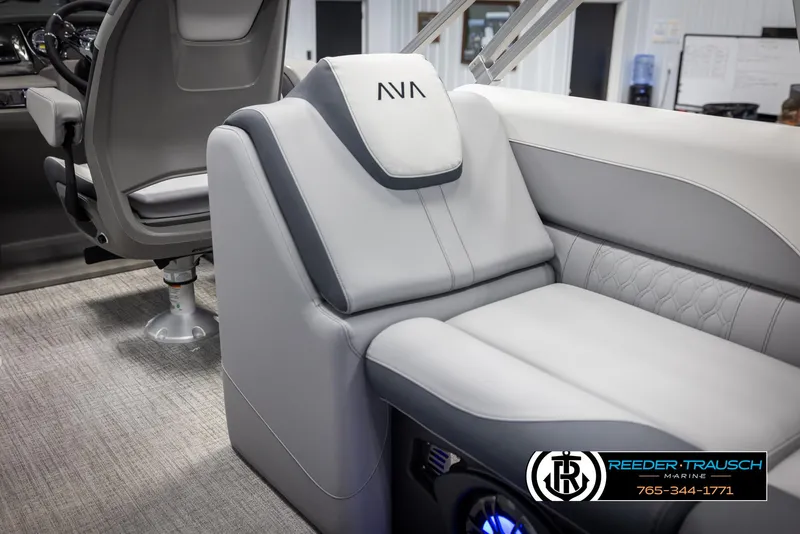 Slide: The Image of 2025 Avalon LSZ Entertainer boat interior with luxurious seating and modern design. - 22
