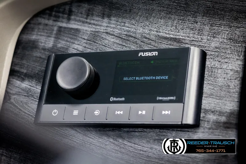 Slide: The Image of Close-up of Fusion Bluetooth audio system in 2025 Avalon LSZ Entertainer boat. - 28