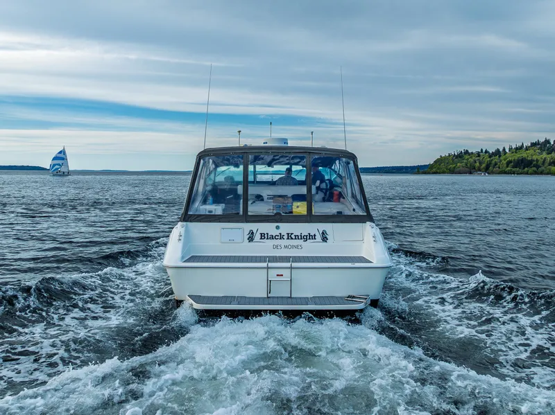 Slide: The Image of Sea Ray 420 Sundancer 1991 cruising on open water with scenic background. - 4