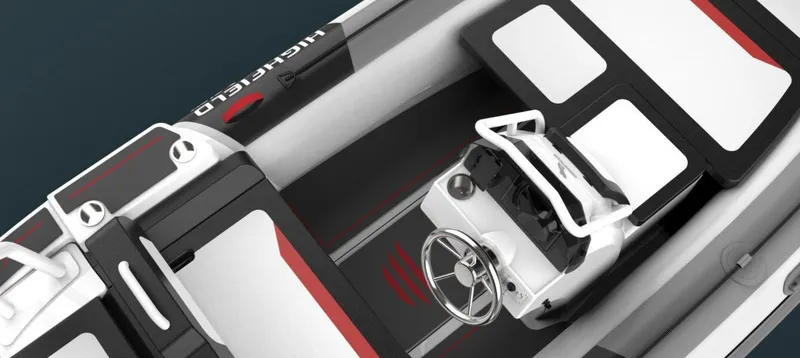 Slide: The Image of 2025 Highfield Velox 420 boat interior with sleek design and modern steering console. - 5