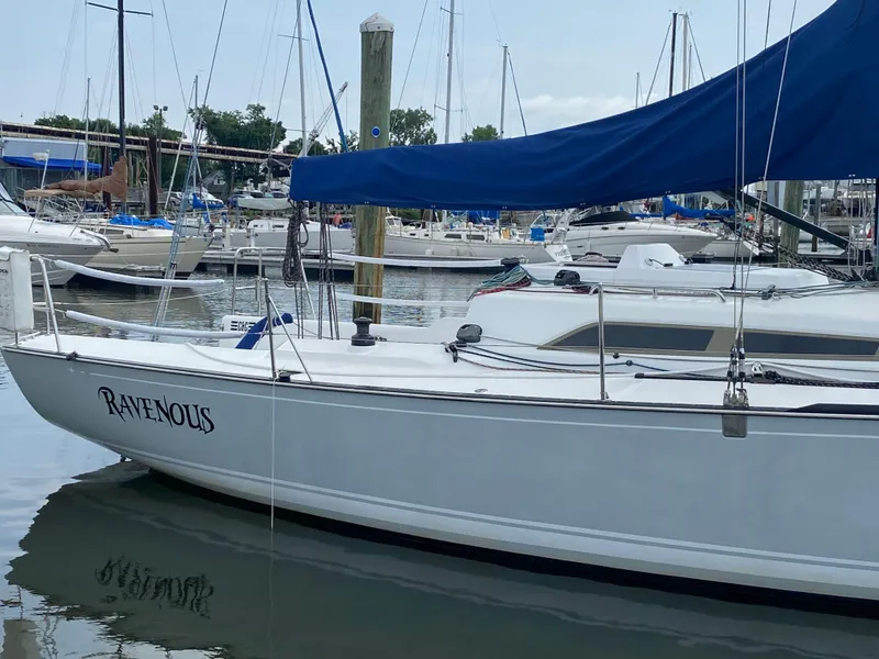 Slide: The Image of Sailboat "Ravenous" docked, Tartan 101 model, 2013, with blue sail cover in marina. - 3