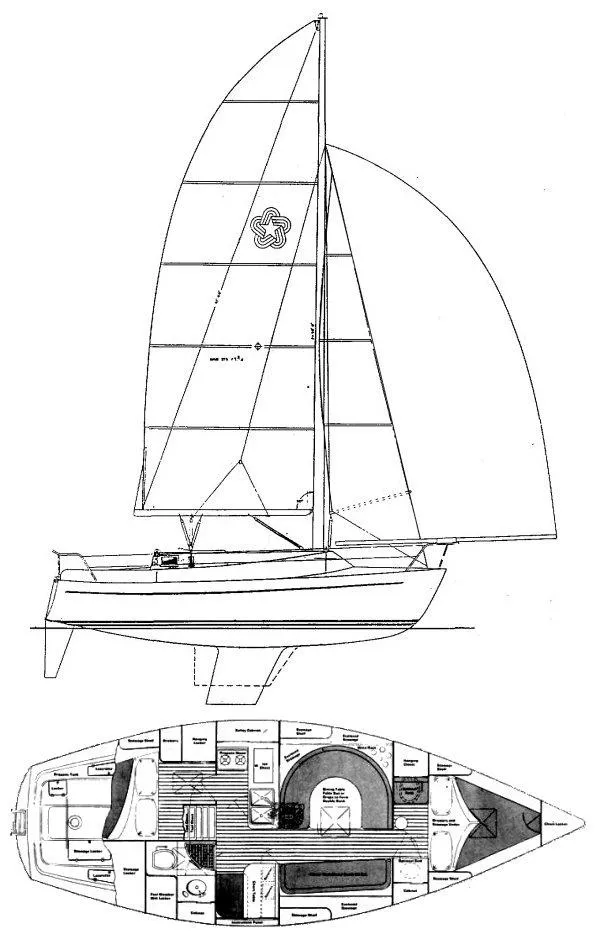 Slide: The Image of Line drawing of 1984 Freedom 32 sailboat, showcasing sail plan and interior layout. - 31