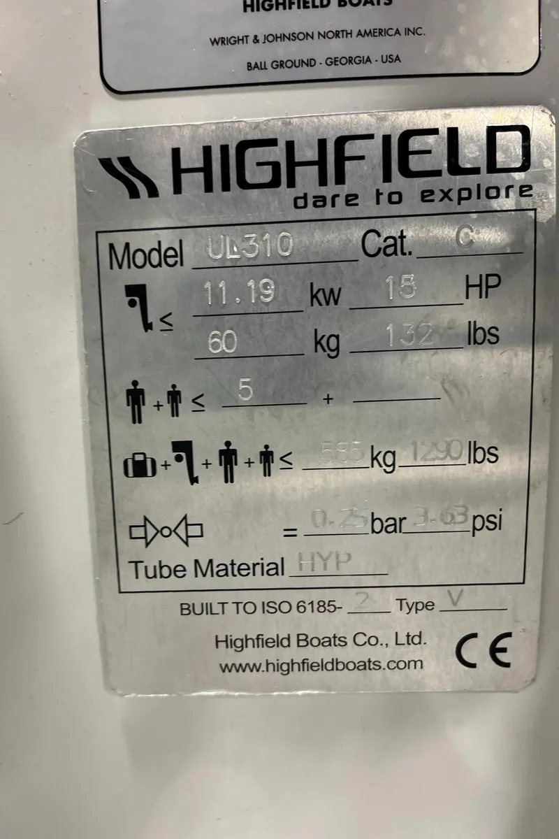Slide: The Image of Highfield Ultralite 310 boat specifications plate, 2025 model, displaying power and capacity details. - 4