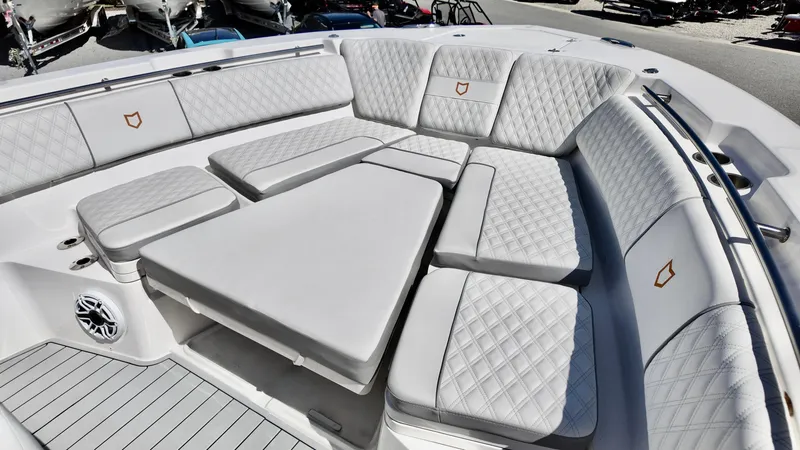 Slide: The Image of Luxurious seating area on 2025 Sea Fox 368 Commander boat with quilted upholstery. - 10