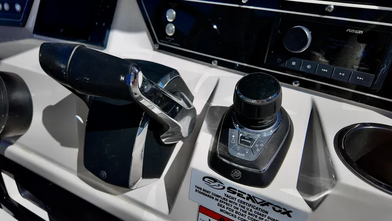 Slide: The Image of Control panel of 2025 Sea Fox 368 Commander boat with joystick and throttle. - 27