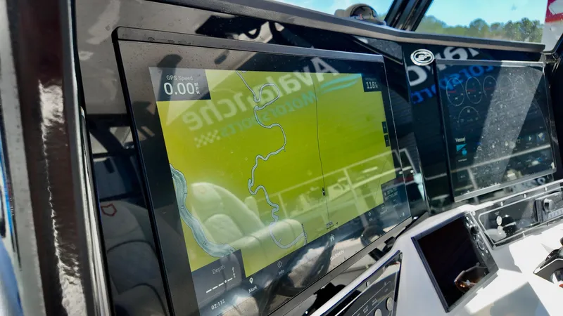 Slide: The Image of Navigation display on 2025 Sea Fox 368 Commander boat, showing a detailed map. - 8
