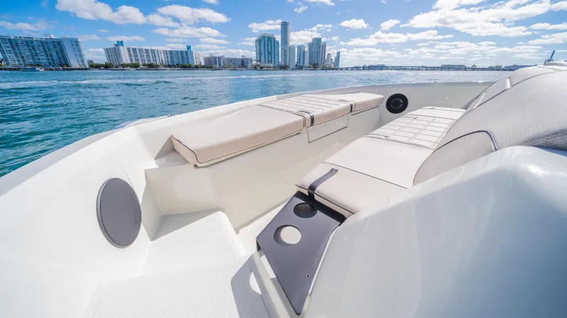 Slide: The Image of Luxurious YOT 36 boat interior with city skyline, 2025 model. - 32