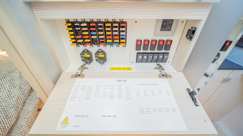 Slide: The Image of Electrical panel of YOT 36, 2025 model, featuring labeled switches and circuit breakers. - 38