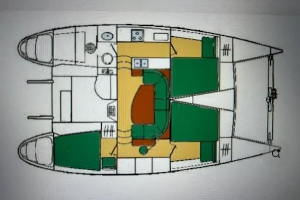 Slide: The Image of Floor plan of a 1995 Lagoon TPI 37 catamaran, featuring interior layout and amenities. - 4