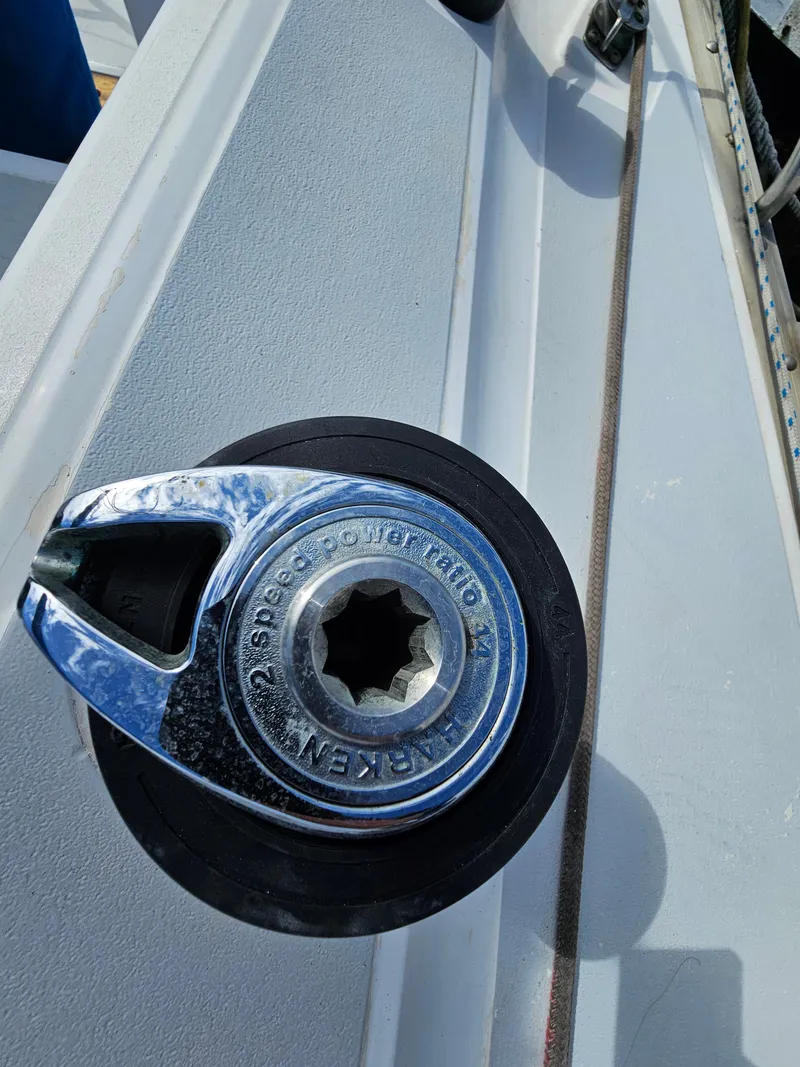Slide: The Image of Close-up of a winch on a 1988 Hunter Legend 35 sailboat. - 10
