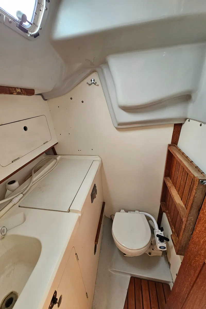 Slide: The Image of Interior of a 1988 Hunter Legend 35 yacht, bathroom view. - 42