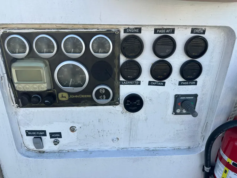 Slide: The Image of Control panel of 2006 Schooner HARRIS and BISHOP with gauges and switches. - 36