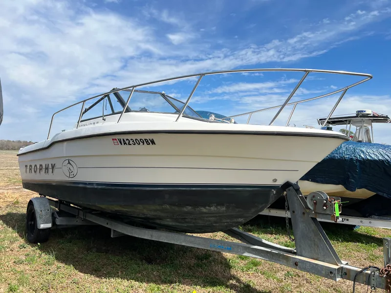 Slide: The Image of 1995 Bayliner Trophy 20 boat on trailer under a blue sky. - 1