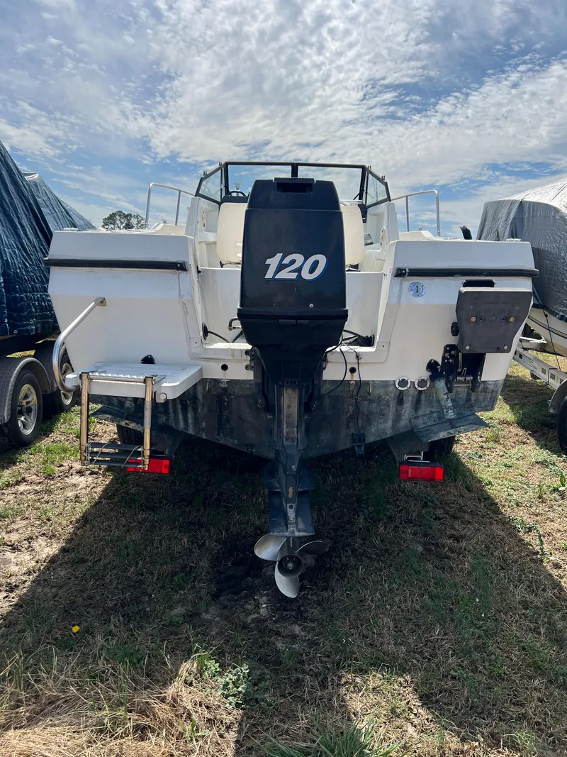 Slide: The Image of 1995 Bayliner Trophy 20 boat with 120 HP outboard motor, parked on grass. - 2