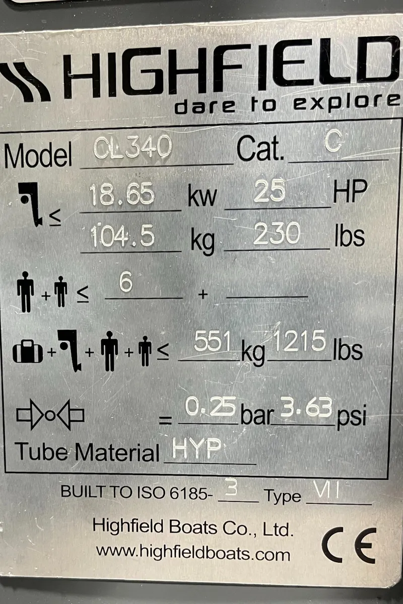 Slide: The Image of Highfield Classic 340 boat specifications plate, 2025 model, detailing power, capacity, and material. - 5