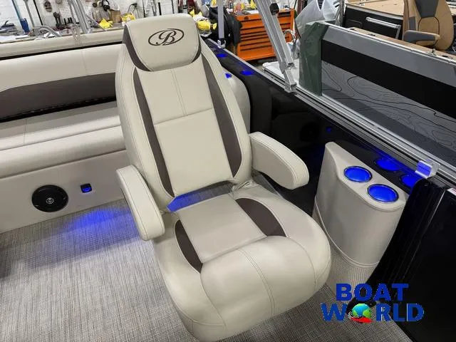 Slide: The Image of Luxurious seating in 2025 Bentley Pontoons Legacy 223 Tritoon, featuring elegant design and ambient lighting. - 10