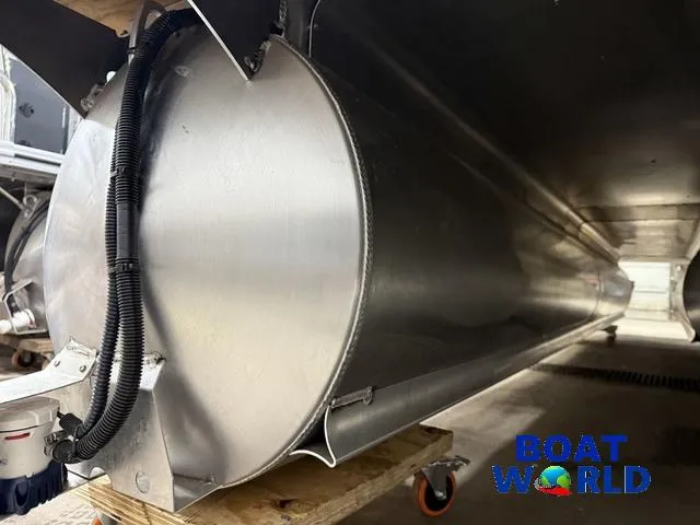 Slide: The Image of 2025 Bentley Pontoons Legacy 223 Swingback Tritoon underbody view, showcasing sleek aluminum construction. - 45