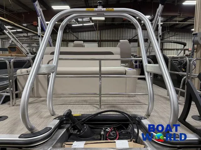 Slide: The Image of 2025 Bentley Pontoons Legacy 223 Tritoon interior with Honda 4-Stroke EFI engine, at Boat World. - 47