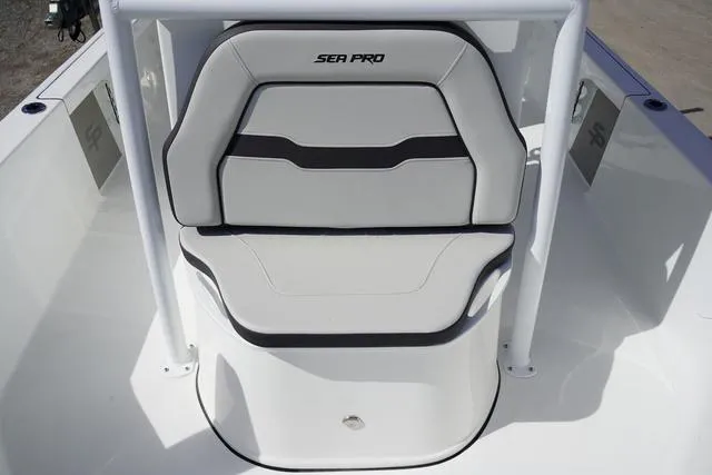 Slide: The Image of 2025 Sea Pro 250 Bay boat seat, white with black accents, modern design. - 7