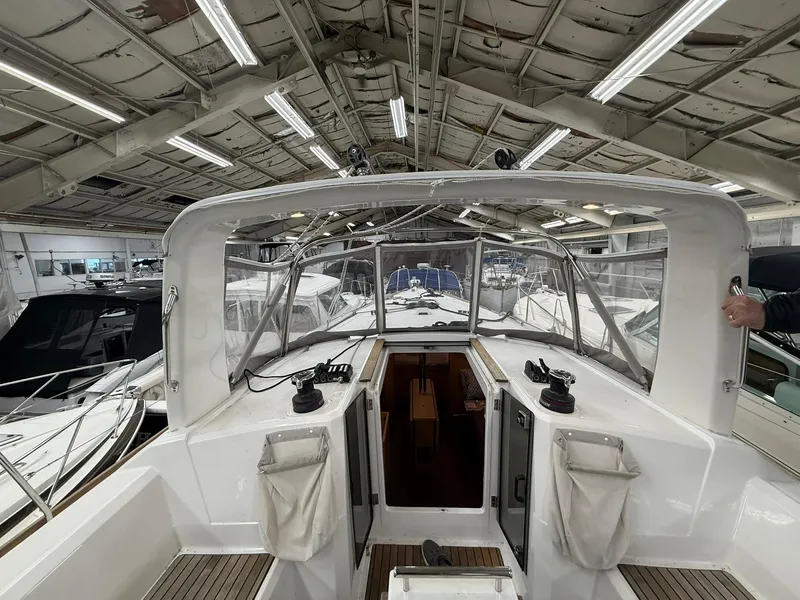 Slide: The Image of 2017 Beneteau Oceanis 38.1 sailboat interior in a marina storage facility. - 10