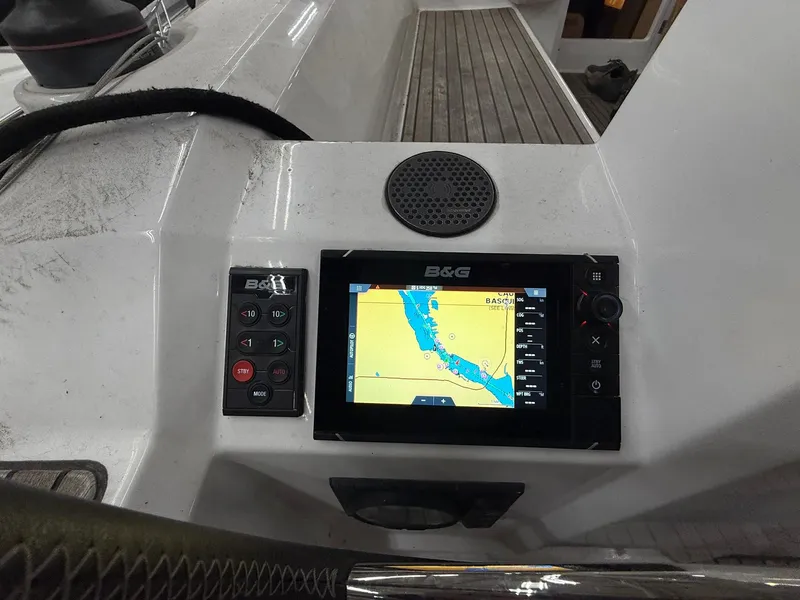 Slide: The Image of Navigation system on 2017 Beneteau Oceanis 38.1 sailboat, featuring B&G display and controls. - 16