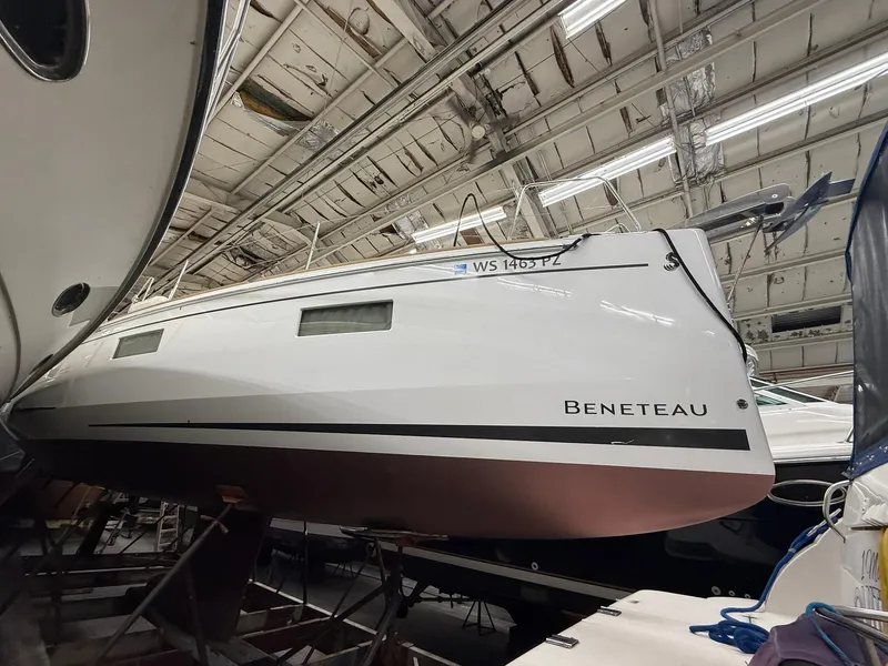 Slide: The Image of 2017 Beneteau Oceanis 38.1 sailboat in a storage facility, side view. - 46