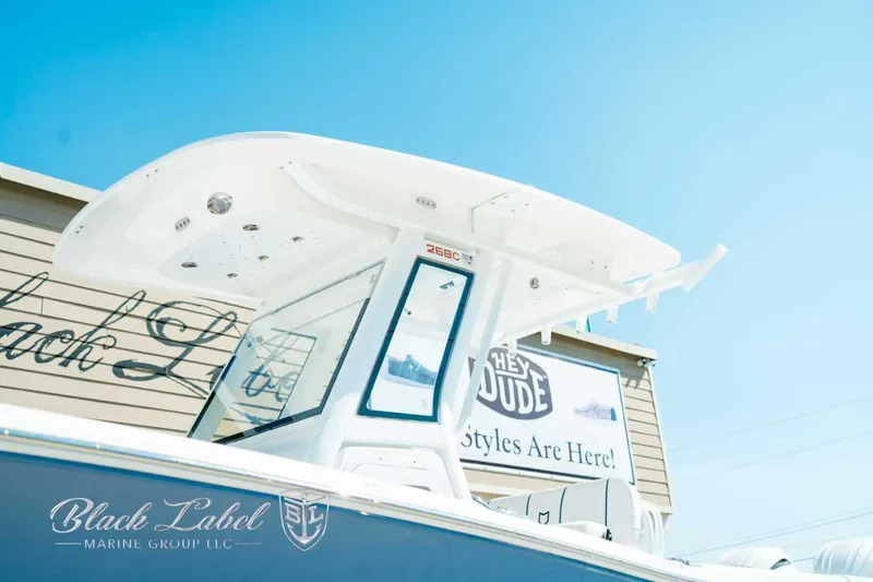 Slide: The Image of 2025 Sea Fox 268 Commander boat with T-top, displayed at Black Label Marine Group. - 2