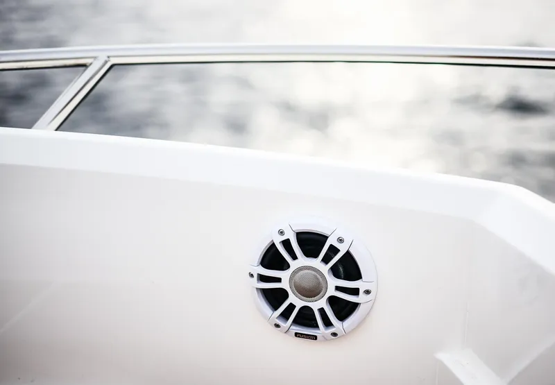 Slide: The Image of 2025 Skamander Sorrento boat with speaker, sleek design, and water backdrop. - 16