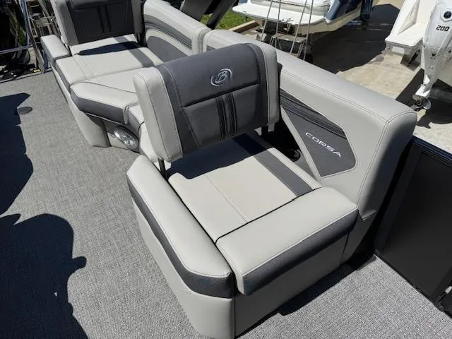 Slide: The Image of 2025 Barletta CORSA 25MA boat seating with gray upholstery and logo detailing. - 13